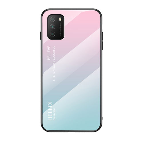 Silicone Frame Mirror Rainbow Gradient Case Cover LS1 for Xiaomi Poco M3 Cyan