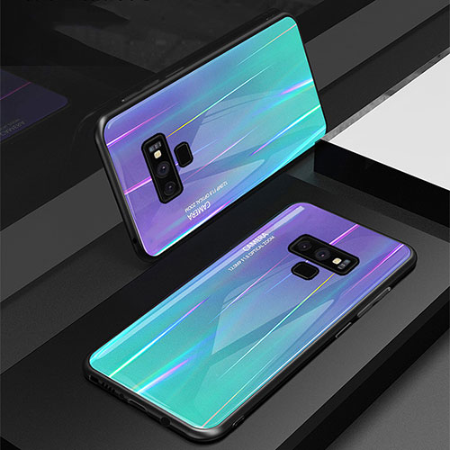 Silicone Frame Mirror Rainbow Gradient Case Cover M01 for Samsung Galaxy Note 9 Cyan