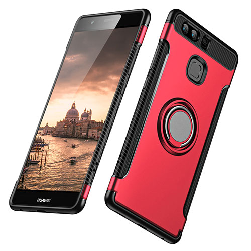 Silicone Matte Finish and Plastic Back Case with Finger Ring Stand for Huawei P9 Plus Red