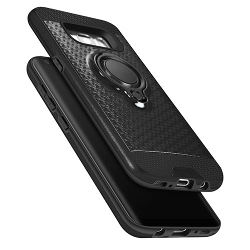 Silicone Matte Finish and Plastic Back Case with Finger Ring Stand for Samsung Galaxy S8 Black