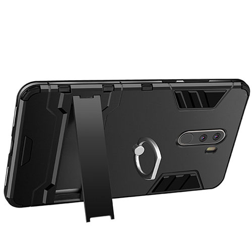 Silicone Matte Finish and Plastic Back Case with Finger Ring Stand for Xiaomi Pocophone F1 Black