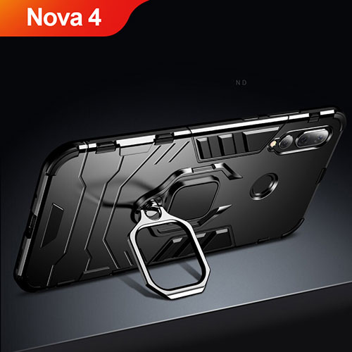 Silicone Matte Finish and Plastic Back Case with Stand for Huawei Nova 4 Black