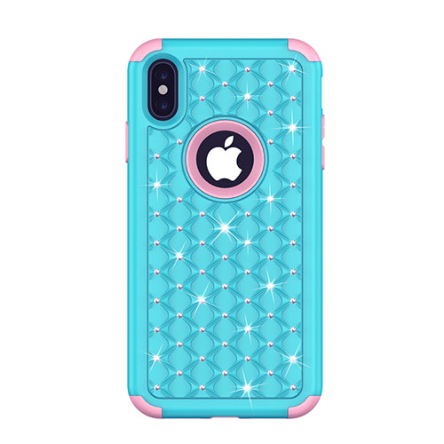 Silicone Matte Finish and Plastic Back Cover Case 360 Degrees Bling-Bling for Apple iPhone X Blue