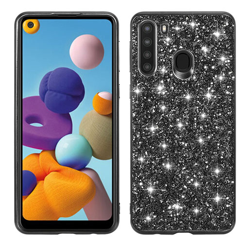 Silicone Matte Finish and Plastic Back Cover Case 360 Degrees Bling-Bling for Samsung Galaxy A21 Black