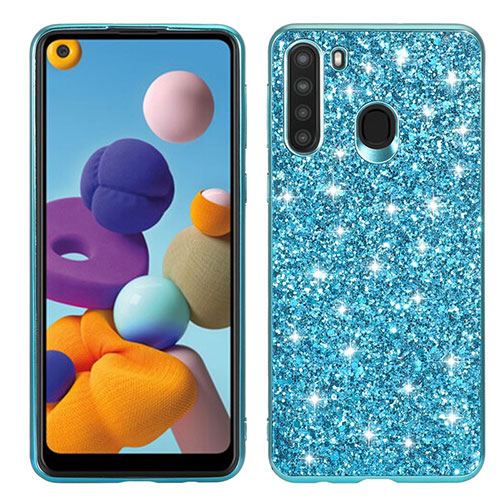 Silicone Matte Finish and Plastic Back Cover Case 360 Degrees Bling-Bling for Samsung Galaxy A21 Sky Blue