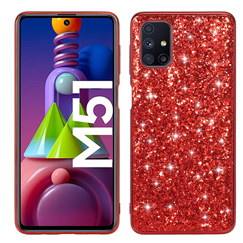 Silicone Matte Finish and Plastic Back Cover Case 360 Degrees Bling-Bling for Samsung Galaxy M51 Red