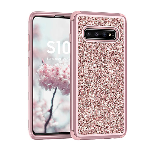 Silicone Matte Finish and Plastic Back Cover Case 360 Degrees Bling-Bling for Samsung Galaxy S10 Rose Gold