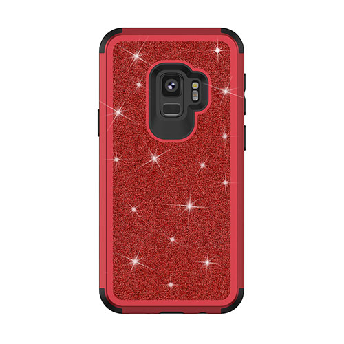 Silicone Matte Finish and Plastic Back Cover Case 360 Degrees Bling-Bling for Samsung Galaxy S9 Red