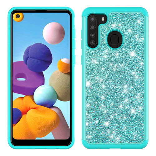 Silicone Matte Finish and Plastic Back Cover Case 360 Degrees Bling-Bling JX1 for Samsung Galaxy A21 Cyan