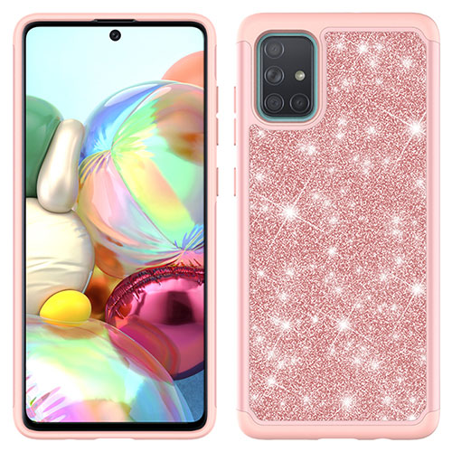 Silicone Matte Finish and Plastic Back Cover Case 360 Degrees Bling-Bling JX1 for Samsung Galaxy A71 5G Rose Gold