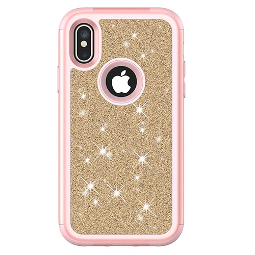 Silicone Matte Finish and Plastic Back Cover Case 360 Degrees Bling-Bling U01 for Apple iPhone Xs Pink