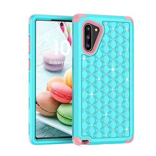 Silicone Matte Finish and Plastic Back Cover Case 360 Degrees Bling-Bling U01 for Samsung Galaxy Note 10 Cyan