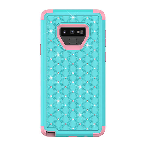 Silicone Matte Finish and Plastic Back Cover Case 360 Degrees Bling-Bling U01 for Samsung Galaxy Note 9 Cyan