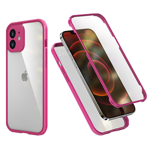 Silicone Matte Finish and Plastic Back Cover Case 360 Degrees R05 for Apple iPhone 12 Hot Pink
