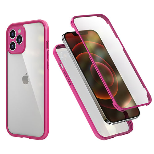 Silicone Matte Finish and Plastic Back Cover Case 360 Degrees R05 for Apple iPhone 12 Pro Max Hot Pink