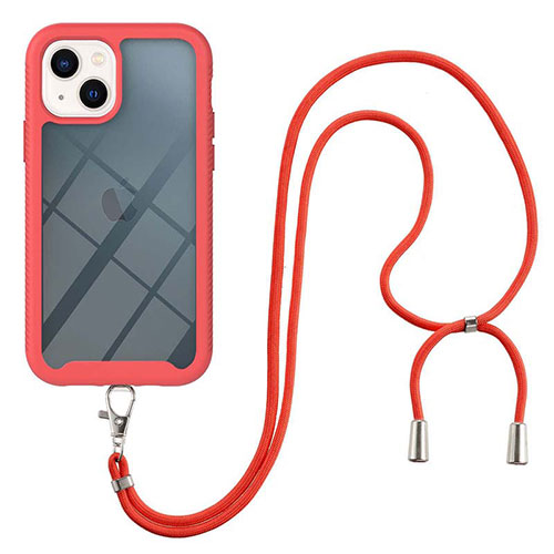 Silicone Matte Finish and Plastic Back Cover Case 360 Degrees with Lanyard Strap for Apple iPhone 13 Red