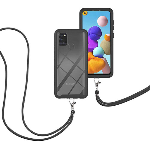 Silicone Matte Finish and Plastic Back Cover Case 360 Degrees with Lanyard Strap for Samsung Galaxy A21s Black