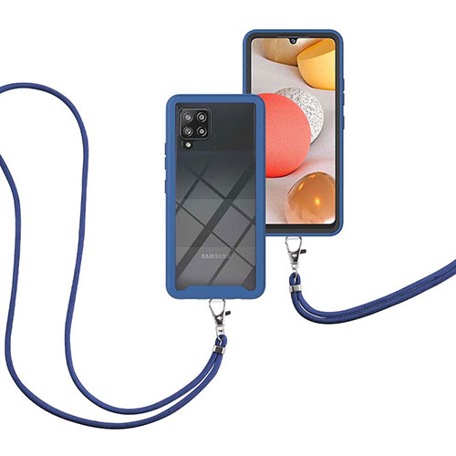 Silicone Matte Finish and Plastic Back Cover Case 360 Degrees with Lanyard Strap for Samsung Galaxy A42 5G Blue