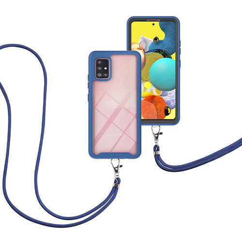 Silicone Matte Finish and Plastic Back Cover Case 360 Degrees with Lanyard Strap for Samsung Galaxy A51 4G Blue
