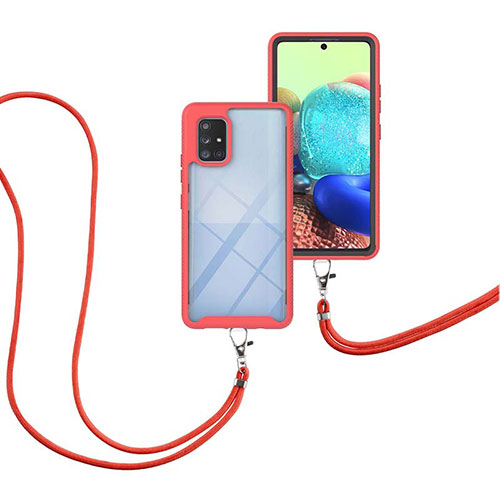 Silicone Matte Finish and Plastic Back Cover Case 360 Degrees with Lanyard Strap for Samsung Galaxy A71 5G Red