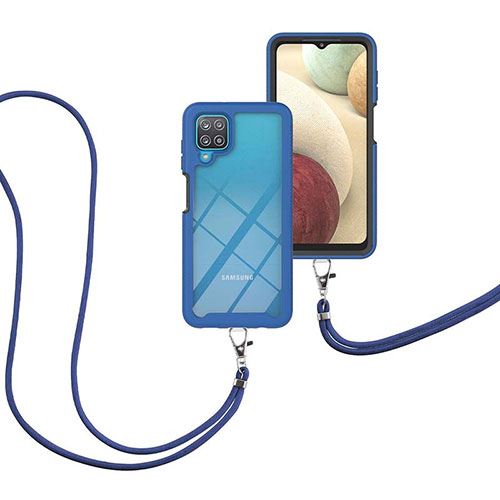 Silicone Matte Finish and Plastic Back Cover Case 360 Degrees with Lanyard Strap for Samsung Galaxy F12 Blue