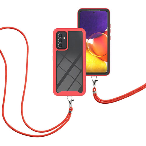 Silicone Matte Finish and Plastic Back Cover Case 360 Degrees with Lanyard Strap for Samsung Galaxy Quantum2 5G Red