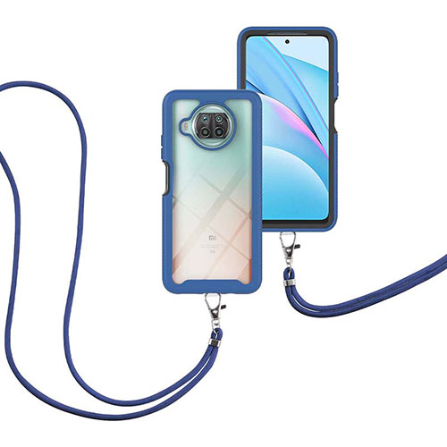 Silicone Matte Finish and Plastic Back Cover Case 360 Degrees with Lanyard Strap for Xiaomi Mi 10i 5G Blue