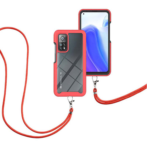 Silicone Matte Finish and Plastic Back Cover Case 360 Degrees with Lanyard Strap for Xiaomi Mi 10T 5G Red