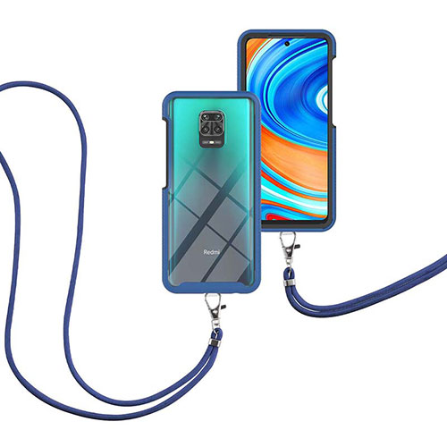 Silicone Matte Finish and Plastic Back Cover Case 360 Degrees with Lanyard Strap for Xiaomi Redmi Note 9 Pro Blue