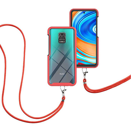 Silicone Matte Finish and Plastic Back Cover Case 360 Degrees with Lanyard Strap for Xiaomi Redmi Note 9 Pro Max Red