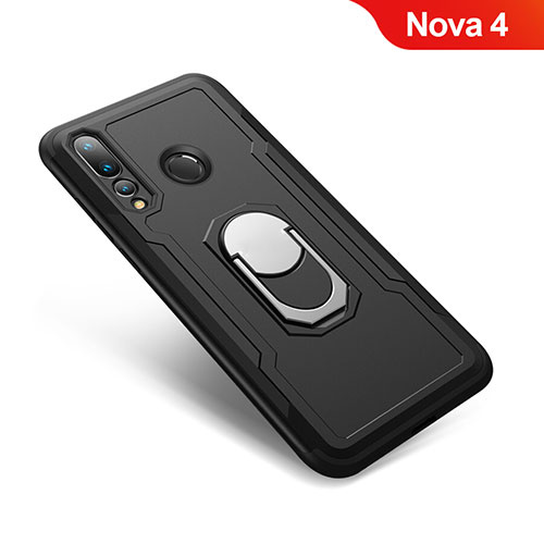 Silicone Matte Finish and Plastic Back Cover Case with Finger Ring Stand A01 for Huawei Nova 4 Black