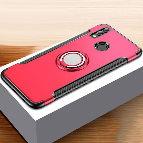 Silicone Matte Finish and Plastic Back Cover Case with Finger Ring Stand for Huawei Honor 10 Lite Red