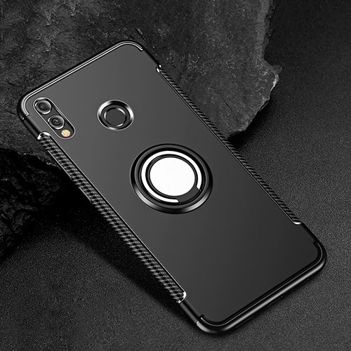 Silicone Matte Finish and Plastic Back Cover Case with Finger Ring Stand for Huawei Honor 8X Black
