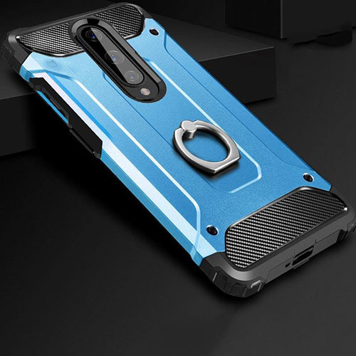 Silicone Matte Finish and Plastic Back Cover Case with Finger Ring Stand for OnePlus 8 Blue