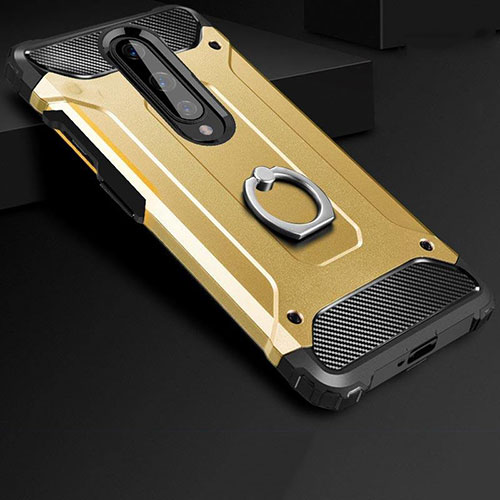 Silicone Matte Finish and Plastic Back Cover Case with Finger Ring Stand for OnePlus 8 Gold