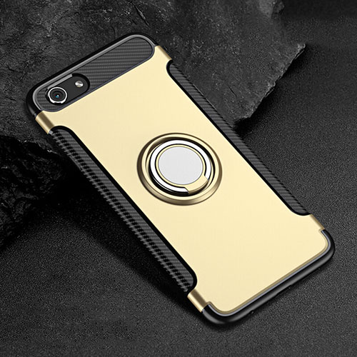 Silicone Matte Finish and Plastic Back Cover Case with Finger Ring Stand for Oppo A3 Gold