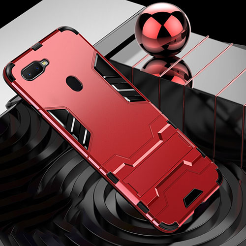 Silicone Matte Finish and Plastic Back Cover Case with Finger Ring Stand for Oppo A7 Red