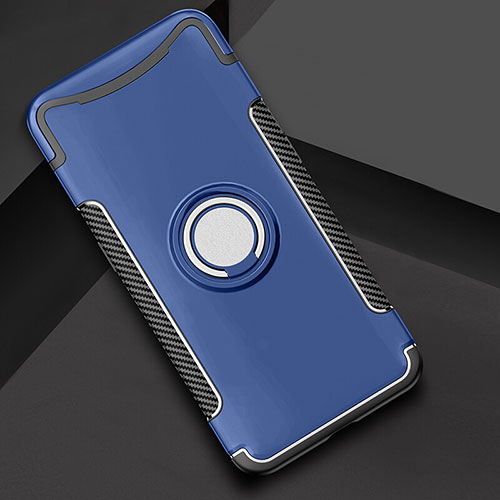 Silicone Matte Finish and Plastic Back Cover Case with Finger Ring Stand for Oppo Find X Blue