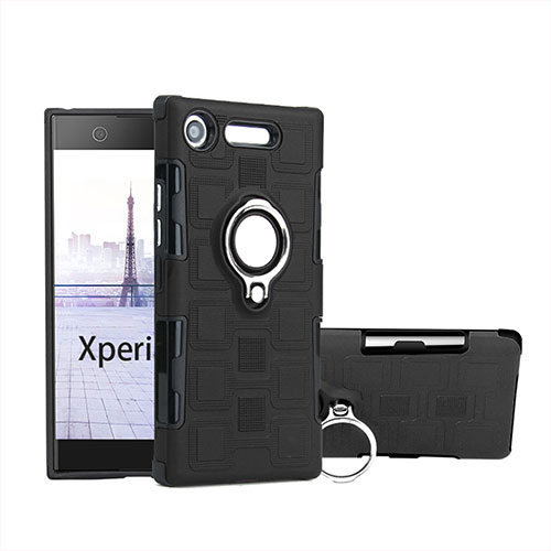 Silicone Matte Finish and Plastic Back Cover Case with Finger Ring Stand for Sony Xperia XZ1 Compact Black