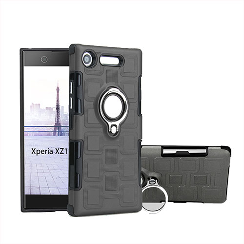 Silicone Matte Finish and Plastic Back Cover Case with Finger Ring Stand for Sony Xperia XZ1 Compact Gray