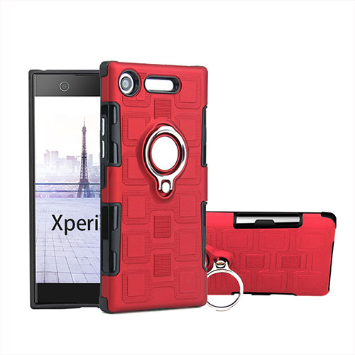 Silicone Matte Finish and Plastic Back Cover Case with Finger Ring Stand for Sony Xperia XZ1 Compact Red