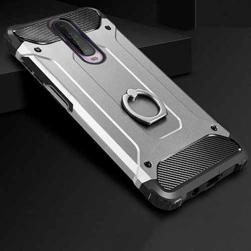 Silicone Matte Finish and Plastic Back Cover Case with Finger Ring Stand for Xiaomi Redmi K30 5G Silver
