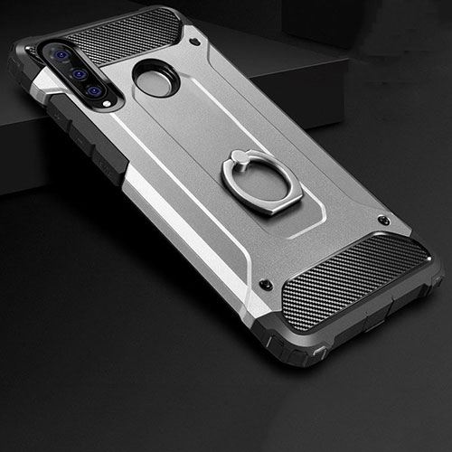 Silicone Matte Finish and Plastic Back Cover Case with Finger Ring Stand H01 for Huawei P30 Lite Silver