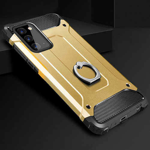 Silicone Matte Finish and Plastic Back Cover Case with Finger Ring Stand N01 for Samsung Galaxy Note 20 5G Gold