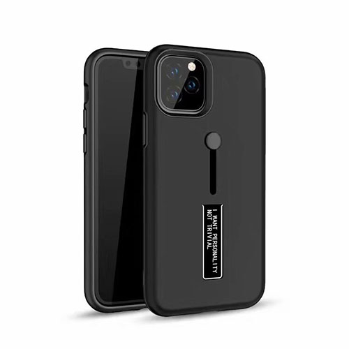 Silicone Matte Finish and Plastic Back Cover Case with Finger Ring Stand S01 for Apple iPhone 11 Pro Black