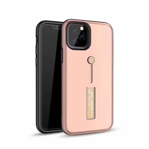 Silicone Matte Finish and Plastic Back Cover Case with Finger Ring Stand S01 for Apple iPhone 11 Pro Max Rose Gold