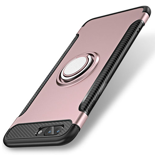 Silicone Matte Finish and Plastic Back Cover Case with Finger Ring Stand S01 for Apple iPhone 8 Plus Rose Gold