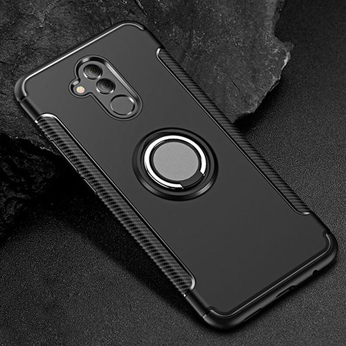 Silicone Matte Finish and Plastic Back Cover Case with Finger Ring Stand S01 for Huawei Mate 20 Lite Black