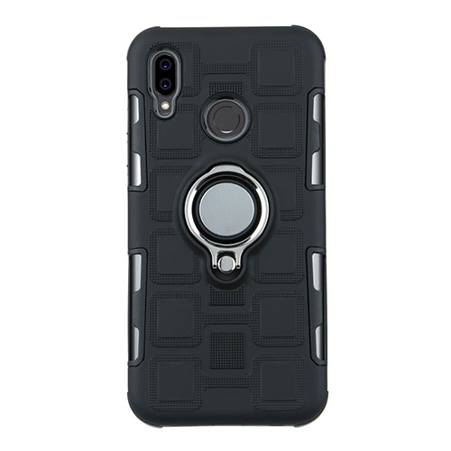 Silicone Matte Finish and Plastic Back Cover Case with Finger Ring Stand S01 for Huawei Nova 3e Black
