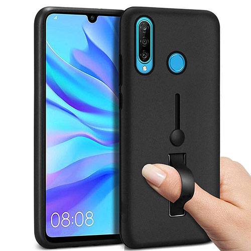 Silicone Matte Finish and Plastic Back Cover Case with Finger Ring Stand S04 for Huawei P30 Lite New Edition Black
